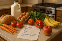 image of grocery list and groceries for home